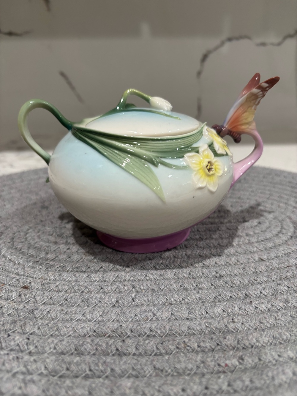 Vintage Franz Floral Butterfly Porcelain Sugar Bowl in White, Green & Pink
